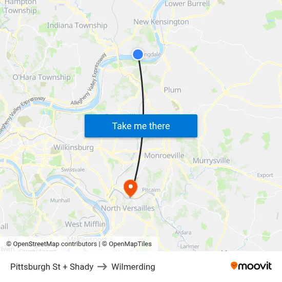 Pittsburgh St + Shady to Wilmerding map