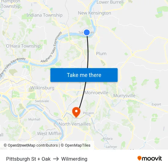 Pittsburgh St + Oak to Wilmerding map