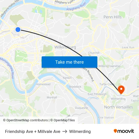 Friendship Ave + Millvale Ave to Wilmerding map