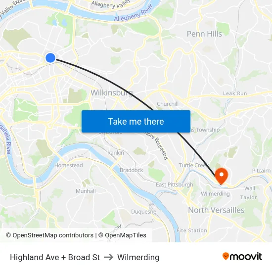 Highland Ave + Broad St to Wilmerding map