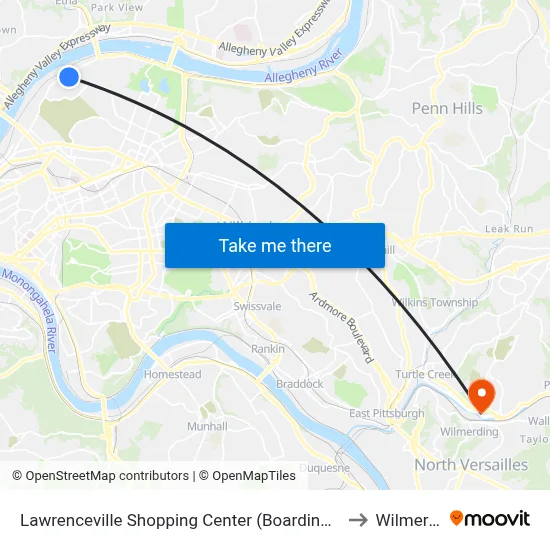 Lawrenceville Shopping Center (Boarding Stop-Shelter) to Wilmerding map