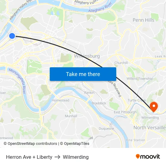 Herron Ave + Liberty to Wilmerding map