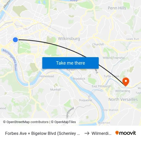 Forbes Ave + Bigelow Blvd (Schenley Dr) to Wilmerding map