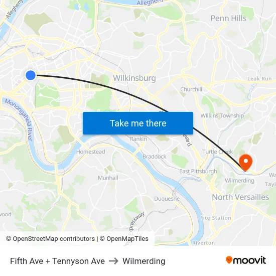 Fifth Ave + Tennyson Ave to Wilmerding map