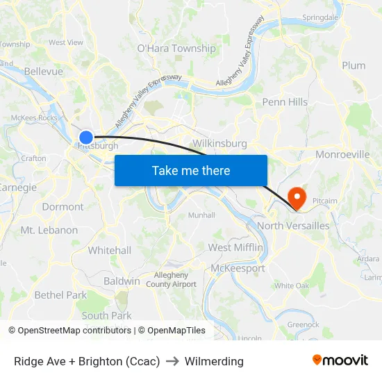 Ridge Ave + Brighton (Ccac) to Wilmerding map