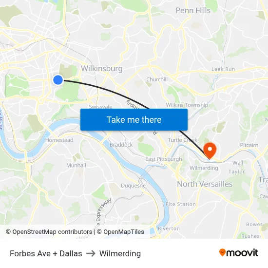 Forbes Ave + Dallas to Wilmerding map