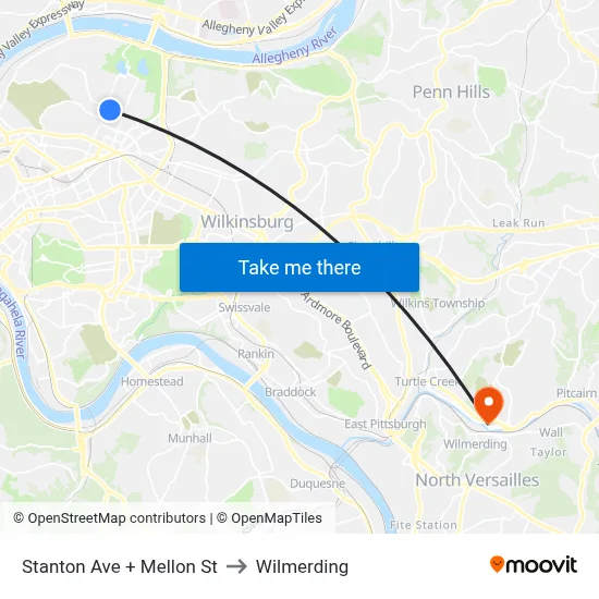 Stanton Ave + Mellon St to Wilmerding map