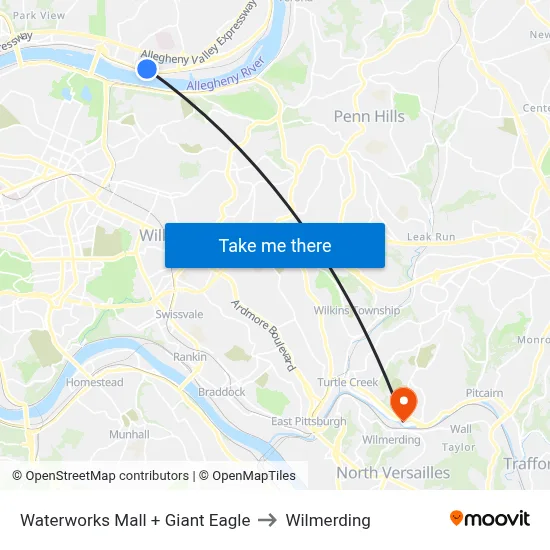 Waterworks Mall + Giant Eagle to Wilmerding map