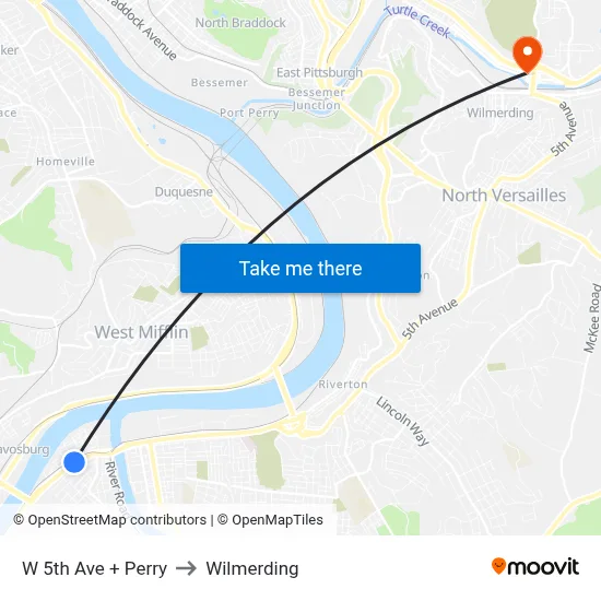 W 5th Ave + Perry to Wilmerding map