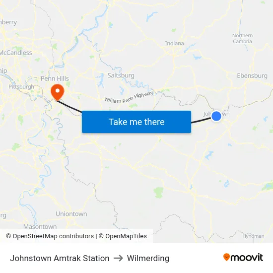 Johnstown Amtrak Station to Wilmerding map