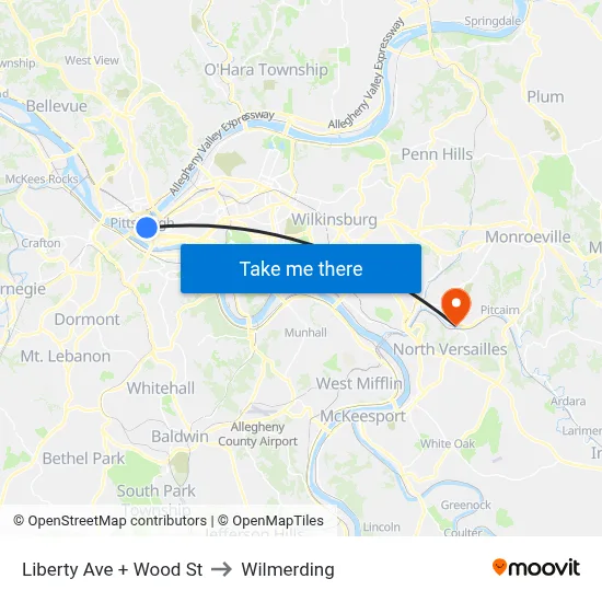 Liberty Ave + Wood St to Wilmerding map