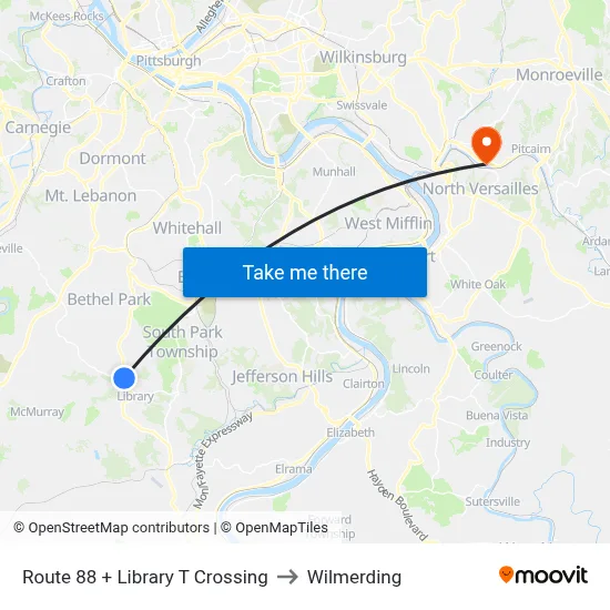 Route 88 + Library T Crossing to Wilmerding map