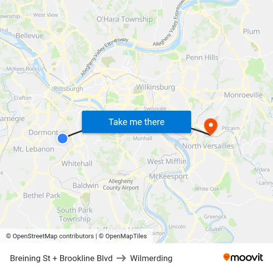 Breining St + Brookline Blvd to Wilmerding map