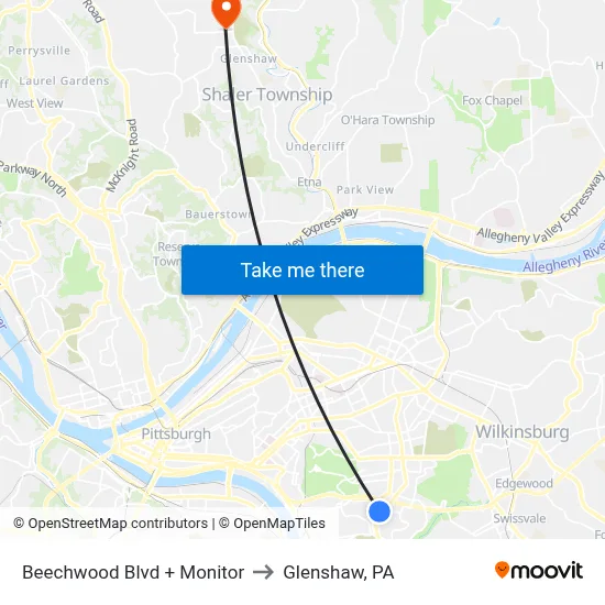Beechwood Blvd + Monitor to Glenshaw, PA map