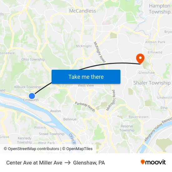 Center Ave at Miller Ave to Glenshaw, PA map