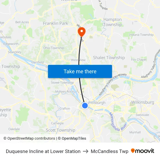 Duquesne Incline at Lower Station to McCandless Twp map
