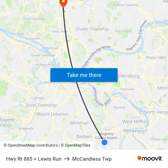 Hwy Rt 885 + Lewis Run to McCandless Twp map