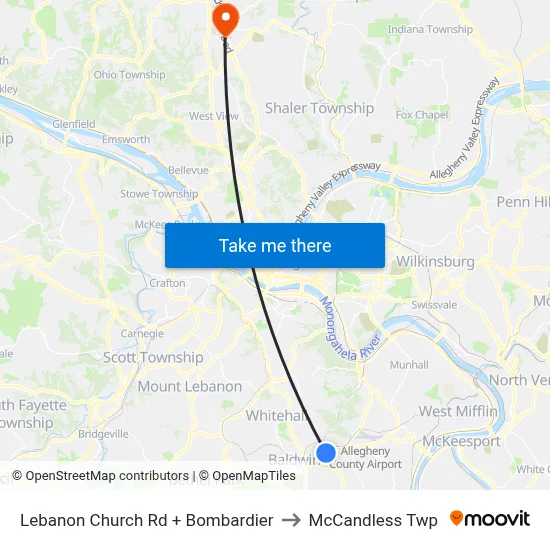 Lebanon Church Rd + Bombardier to McCandless Twp map