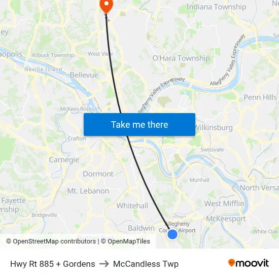 Hwy Rt 885 + Gordens to McCandless Twp map