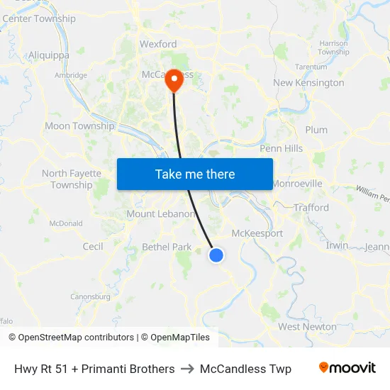 Hwy Rt 51 + Primanti Brothers to McCandless Twp map