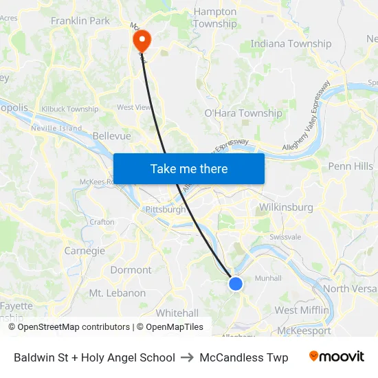 Baldwin St + Holy Angel School to McCandless Twp map