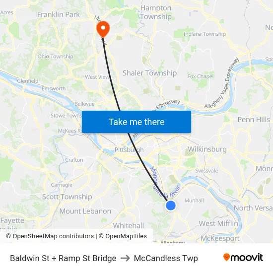 Baldwin St + Ramp St Bridge to McCandless Twp map