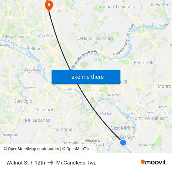 Walnut St + 12th to McCandless Twp map