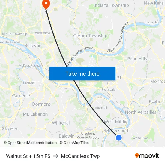 Walnut St + 15th FS to McCandless Twp map