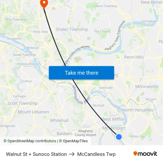 Walnut St + Sunoco Station to McCandless Twp map
