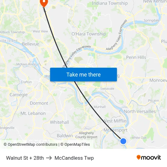Walnut St + 28th to McCandless Twp map