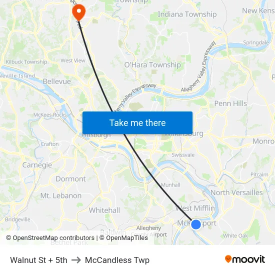 Walnut St + 5th to McCandless Twp map