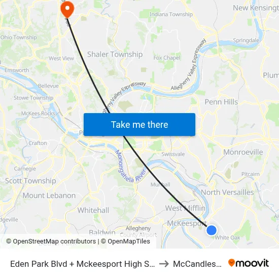 Eden Park Blvd + Mckeesport High School Drvwy to McCandless Twp map