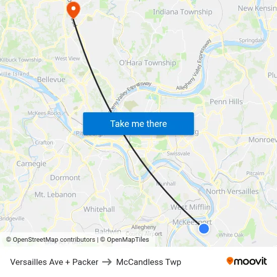 Versailles Ave + Packer to McCandless Twp map