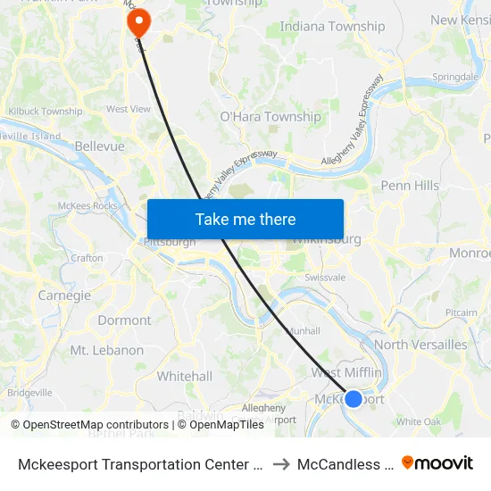Mckeesport Transportation Center + Bay #4 to McCandless Twp map