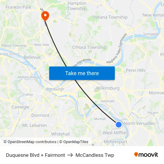 Duquesne Blvd + Fairmont to McCandless Twp map
