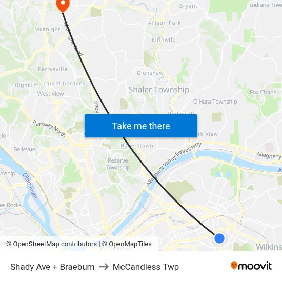 Shady Ave + Braeburn to McCandless Twp map