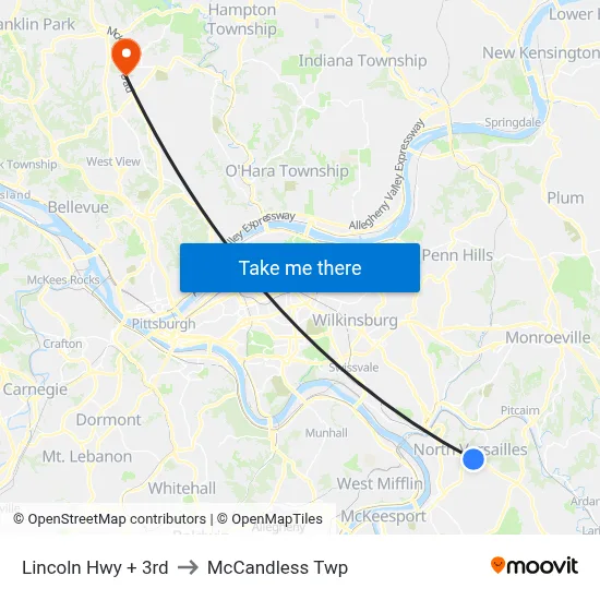 Lincoln Hwy + 3rd to McCandless Twp map