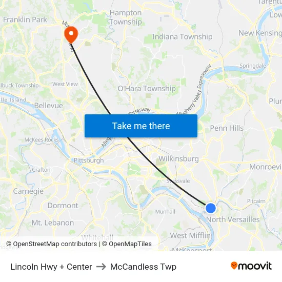 Lincoln Hwy + Center to McCandless Twp map
