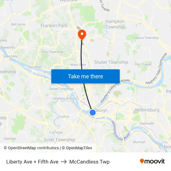 Liberty Ave + Fifth Ave to McCandless Twp map