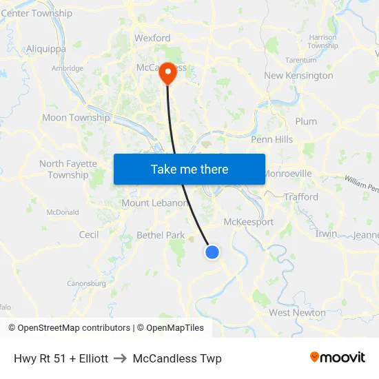 Hwy Rt 51 + Elliott to McCandless Twp map