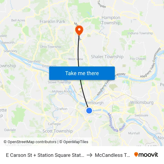 E Carson St + Station Square Station to McCandless Twp map