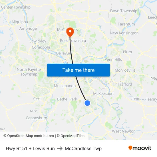 Hwy Rt 51 + Lewis Run to McCandless Twp map