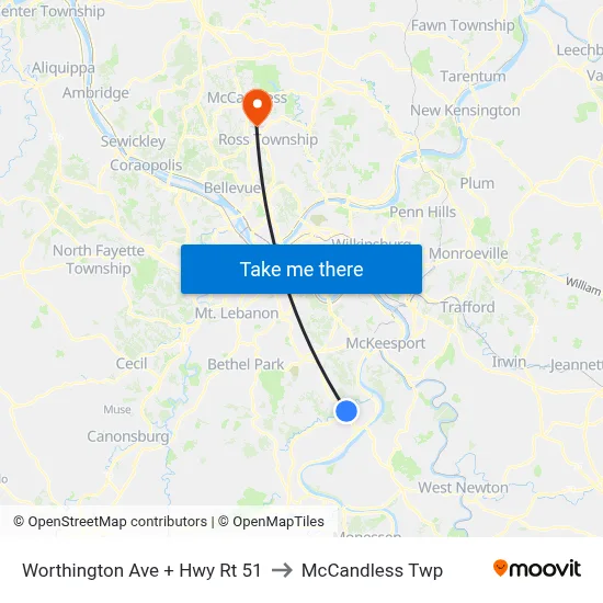 Worthington Ave + Hwy Rt 51 to McCandless Twp map