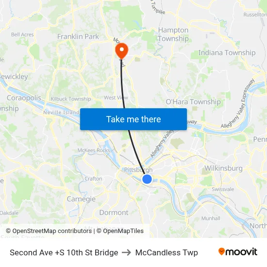 Second Ave +S 10th St Bridge to McCandless Twp map