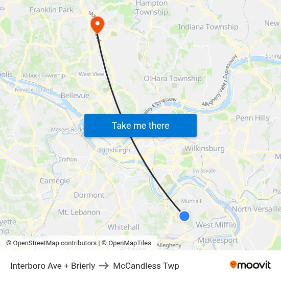 Interboro Ave + Brierly to McCandless Twp map