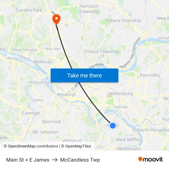 Main St + E James to McCandless Twp map