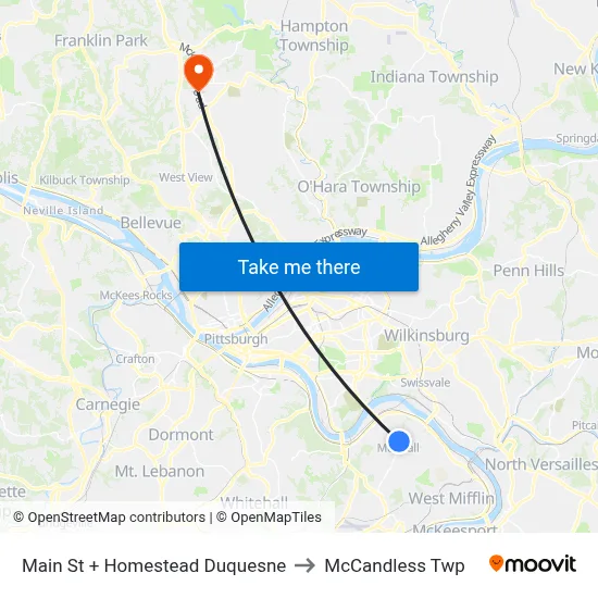 Main St + Homestead Duquesne to McCandless Twp map