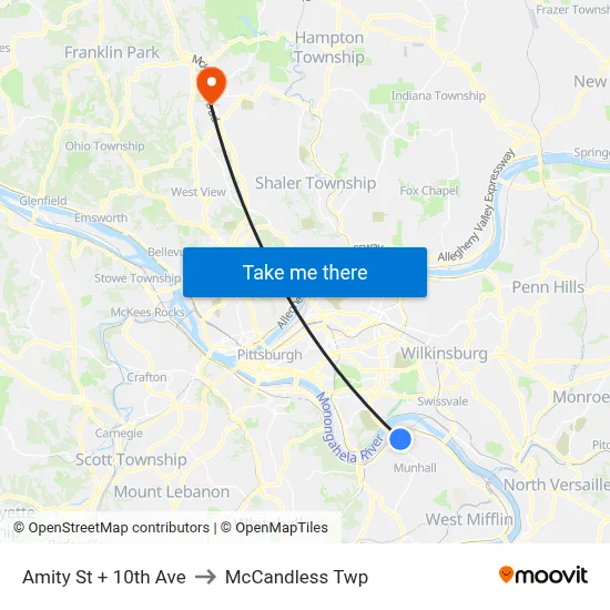 Amity St + 10th Ave to McCandless Twp map