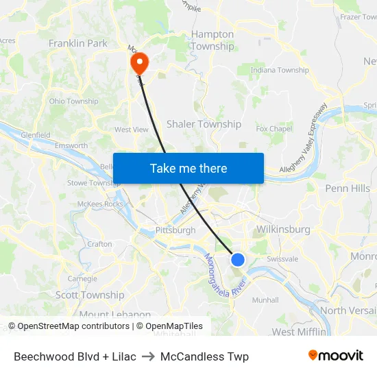 Beechwood Blvd + Lilac to McCandless Twp map