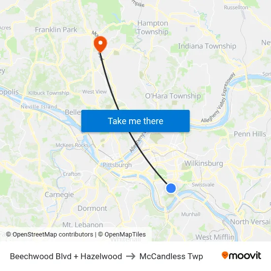 Beechwood Blvd + Hazelwood to McCandless Twp map
